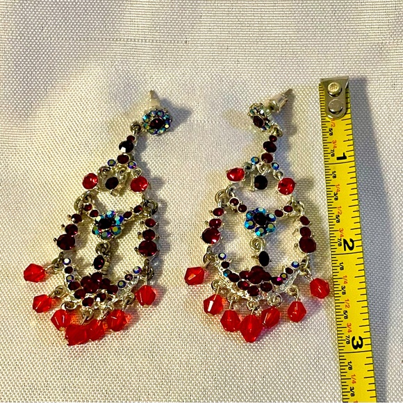VINTAGE Chandelier Pierced 3” Long Earrings with Iridescent crystals and beads - Picture 2 of 4